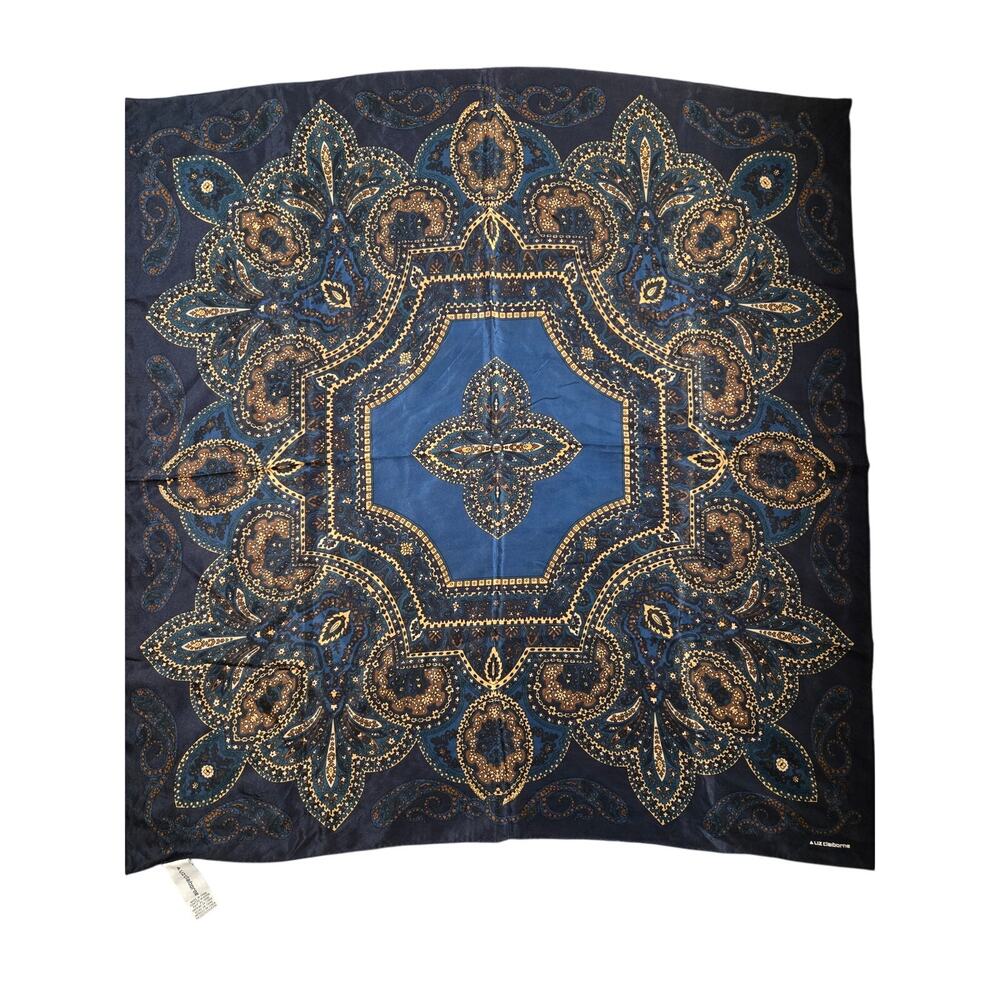 VTG Liz Claiborne Silk Square Scarf Navy Blue Gold Paisley Medallion Baroque